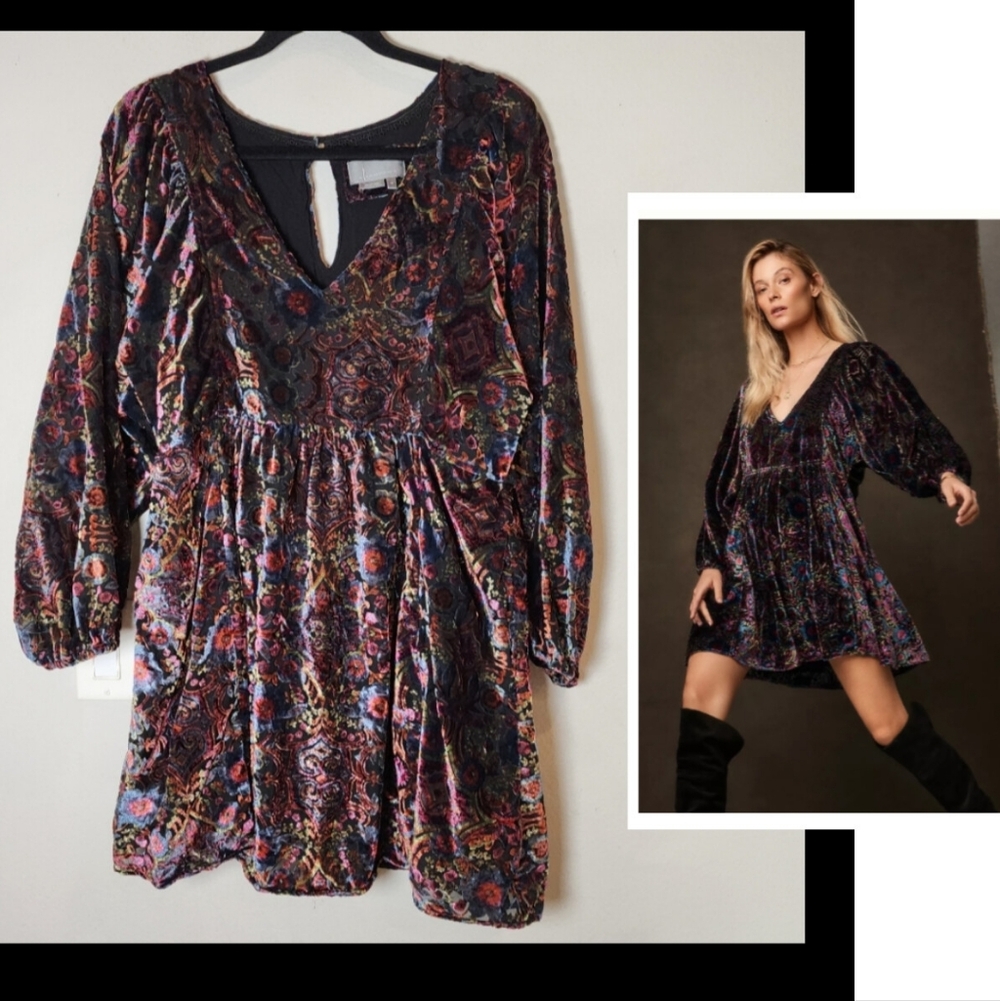 Anthropologie Mona Burnout Velvet Mini Dress Puff Sleeve Multicolored Floral M